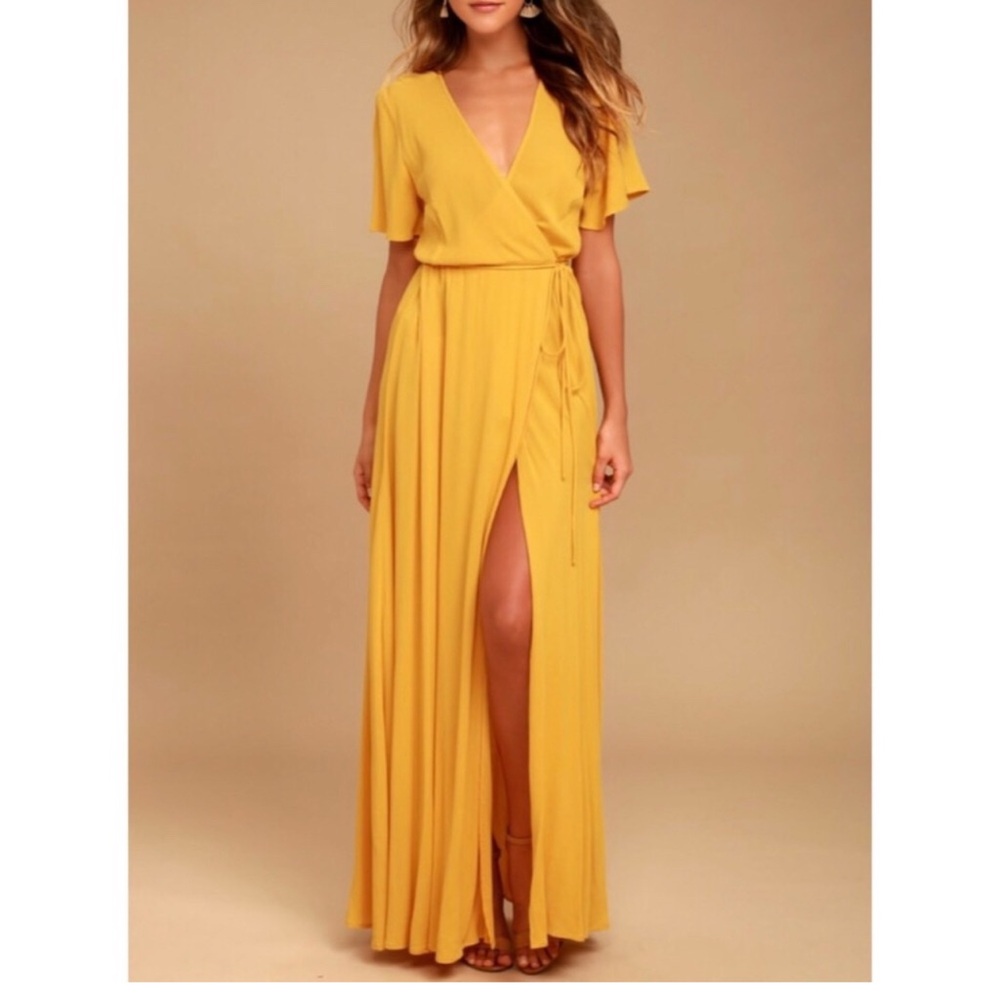 Lulu’s Much Obliged Wrap Maxi Dress in Marigold Golden Yellow